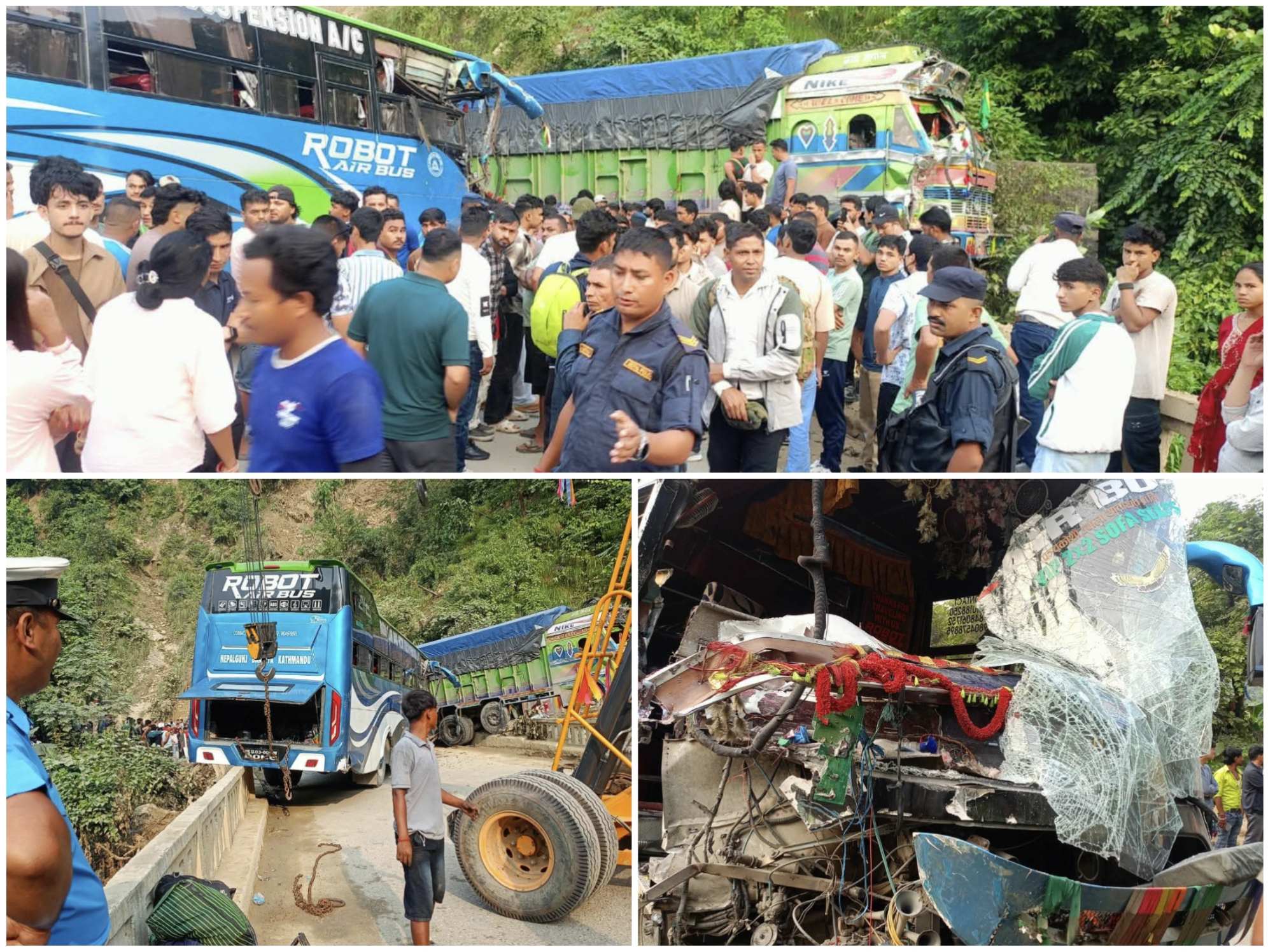 चोरखोलामा ट्रक र बस ठोक्किँदा चालकको मृत्यु, ११ घाइते